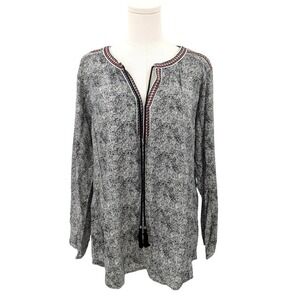 Daniel Rainn Black White Print Tunic Tassel Tie Split‎ Neck Boho XL NWT
